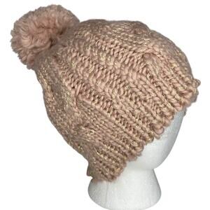 Lauren Conrad Cable Knit Beanie Pink Metallic Fisherman Pom Pom Hat Coastal Boho